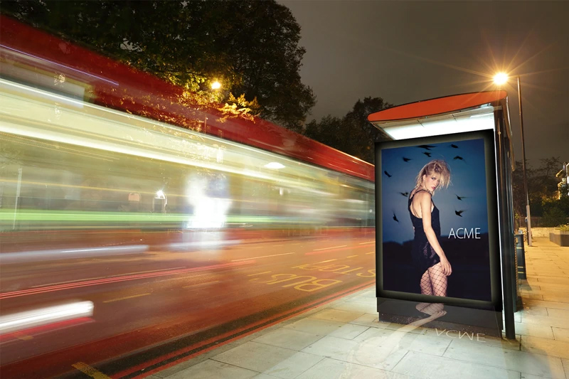Digital light box ad on a bus stop